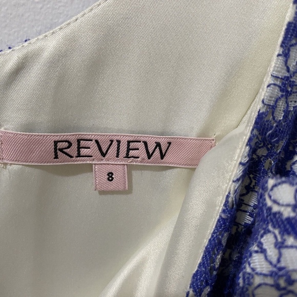 Review 8 Dress Blue White Lace Flowers Fit & Flare Sweetheart Neck Belt - Picture 6 of 7